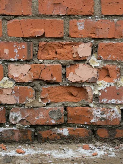 Fretting and spalling face brickwork eroded by rising damp salts